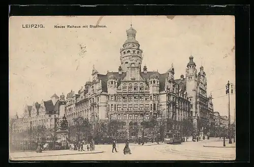 AK Leipzig, Neues Rathaus mit Stadthaus und Strassenbahn