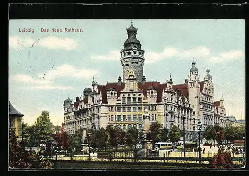 AK Leipzig, Das neue Rathaus mit Strassenbahn