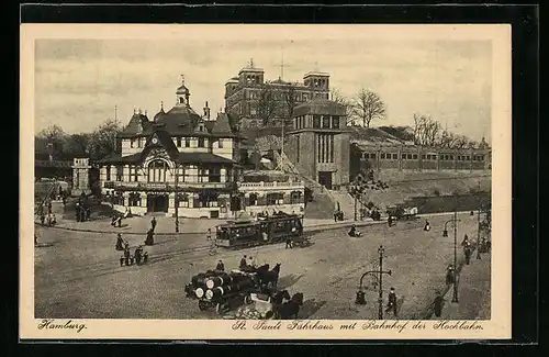 AK Hamburg-St. Pauli, Strassenbahn am Fährhaus mit Bahnhof der Hochbahn