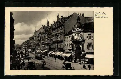 AK Karlsruhe, Strassenbahnen in der Kaiserstrasse