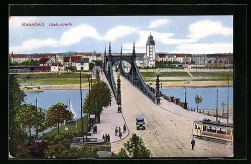 AK Mannheim, Strassenbahn an der Neckarbrücke