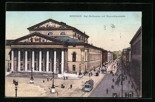 AK München, Kgl. Hoftheater mit Maximilianstrasse und Strassenbahn