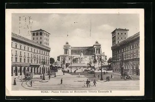 AK Roma, Piazza Venezia col Monumento Vittorio Emanuele II., Strassenbahn