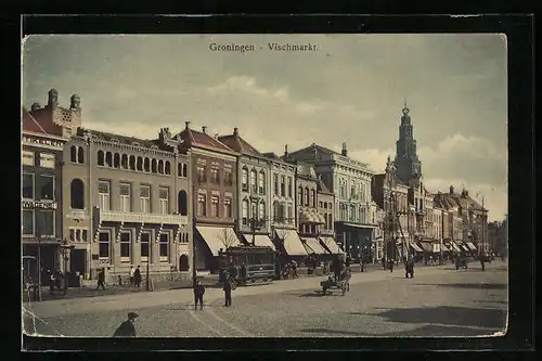 AK Groningen, Vischmarkt mit Strassenbahn