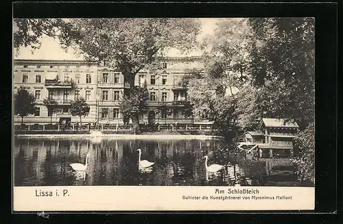 AK Lissa i. P., Am Schlossteich, Dahinter die Kunstgärtnerei von Hyronimus Halliant