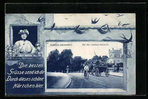 AK Hamburg-Uhlenhorst, Bei der schönen Aussicht mit Radfahrern, Frau am Fenster