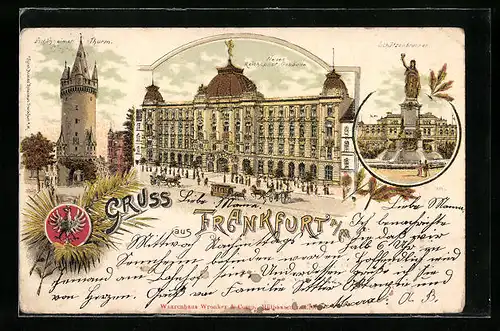 Lithographie Frankfurt /Main, Neues Reichspost-Gebäude, Eschenheimer Turm, Schützenbrunnen