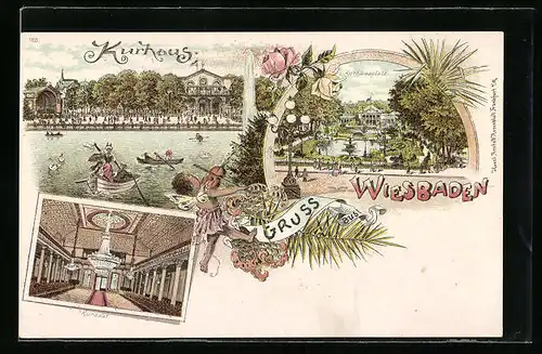 Lithographie Wiesbaden, Kurhaus, Inneres Kursaal, Kurhausplatz