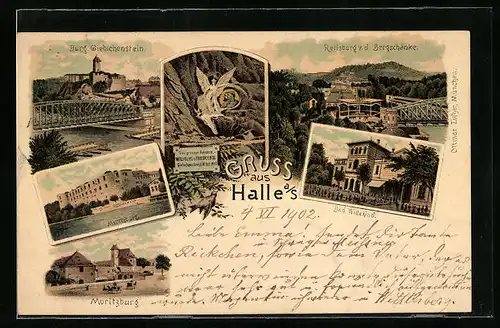 Lithographie Halle a. S., Reisburg v. d. Gasthaus Bergschänke, bad Wittekind, Moritzburg