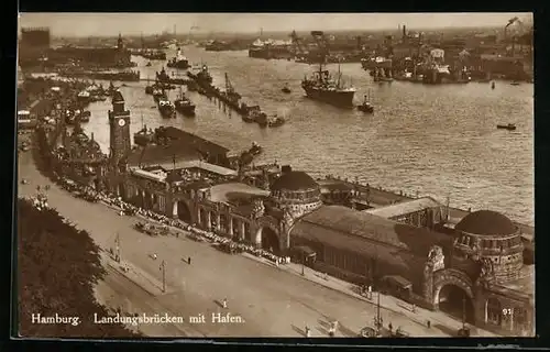 AK Hamburg, Landungsbrücken mit Hafen