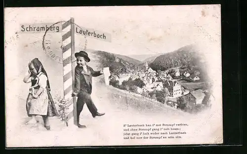AK Lauterbach, Ortsansicht vom Berg mit Wegweiser nach Schramberg
