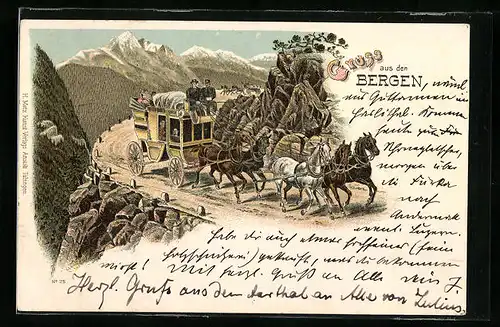 Lithographie Postkutsche auf einer schmalen Strasse in den Bergen