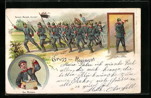 Lithographie Soldaten eines Regiments beim Ausmarsch