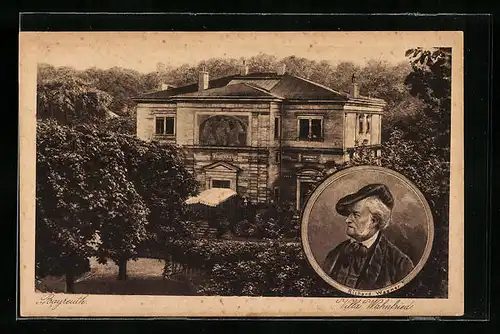 AK Bayreuth, Ansicht der Villa Wahnfried, Portrait von Richard Wagner