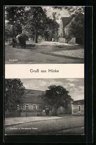 AK Mücka, Gasthof und Fleischerei Kiank, Dorfplatz