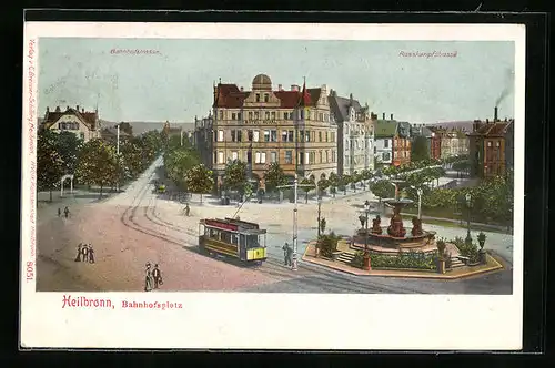 AK Heilbronn, Strassenbahn auf dem Bahnhofsplatz, Blick in die Rosskampfstrasse