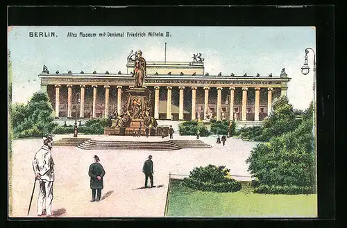 Künstler-AK Berlin, Altes Museum mit Denkmal Friedrich Wilhelm III.
