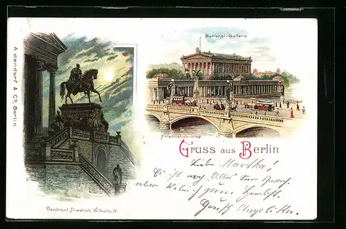 Lithographie Berlin, National-Galerie mit Pferdebahn, Denkmal Friedrich Wilhelm IV. bei Mondschein