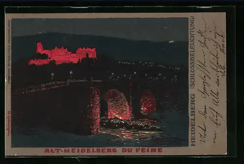 AK Alt-Heidelberg, Uferpartie mit Brücke bei Nacht