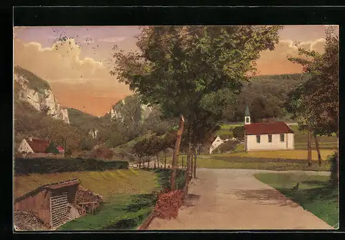 AK Obercunnersdorf, Partie mit Kirche und Gebirge