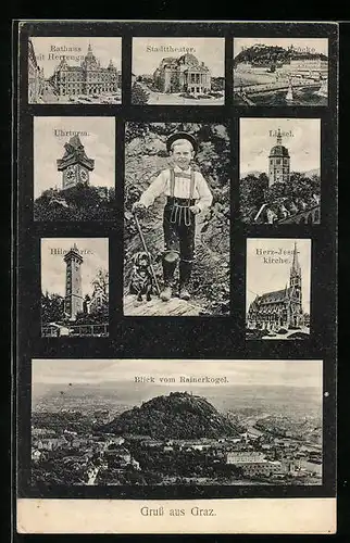 AK Graz, Uhrturm, Stadttheater, Rathaus mit Herrengasse