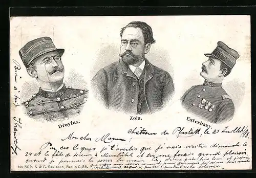 Künstler-AK Dreyfus-Affaäre, Dreyus, Zola und Esterhazy im Portrait