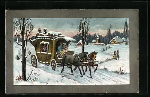 Künstler-AK Postkutsche mit Pasagieren im Winter vor einer Ortschaft