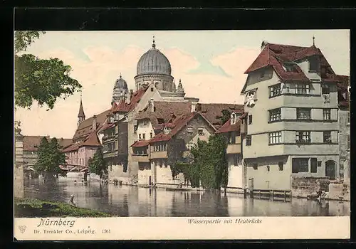 AK Nürnberg, Wasserpartie mit Heubrücke und Synagoge