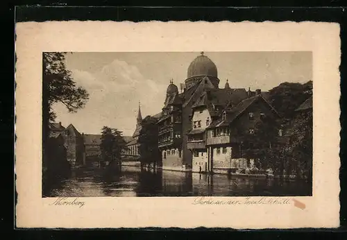 AK Nürnberg, Partie an der Insel Schütt mit Blick auf Synagoge