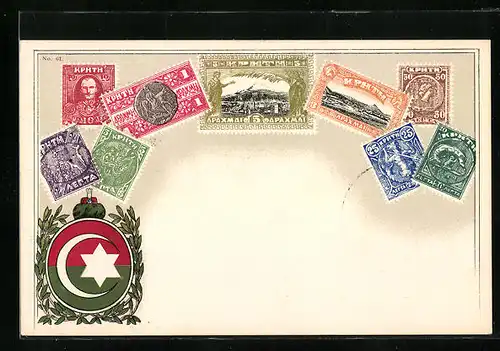 Künstler-AK Briefmarken und Wappen Kretas