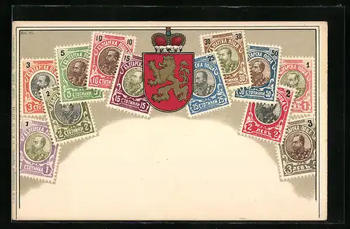 Künstler-AK Briefmarken und Wappen Bulgariens