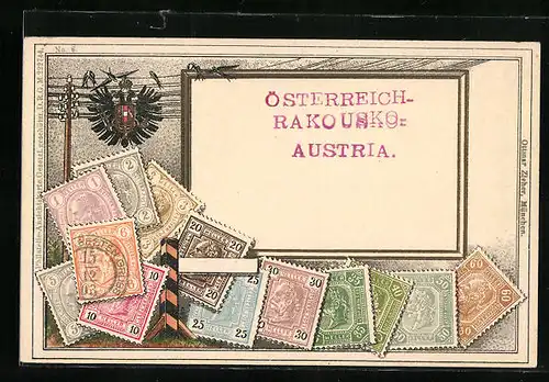 Künstler-AK Briefmarken und Wappen Österreichs, Telegraphenleitung mit Schwalben
