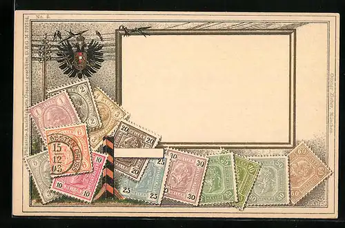 Künstler-AK Briefmarken und Wappen Österreichs, mit Schwalben auf einer Telegraphenleitung