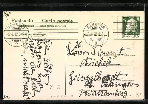 Künstler-AK Briefmarken und Wappen Bayerns, Telegraphenleitung mit Schwalben, Postillon