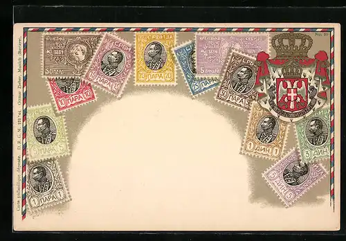 Künstler-AK Briefmarken und Wappen Serbiens