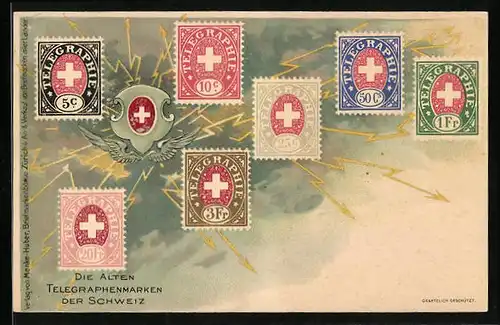 Lithographie Die alten Telegraphenmarken der Schweiz, Wappen der Schweiz