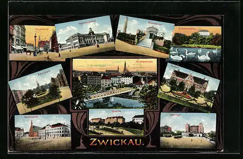 AK Zwickau i. Sa., Hauptmarkt, Ingenieurschule, Paradiesbrücke, Bahnhof, Krematorium und Schwanenschloss