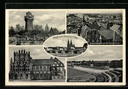 AK Frankfurt a. O., Kleistturm, Rathaus, Oderbrücke, Ostmark-Stadion, Gesamtansicht von der Marienkirche