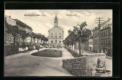 AK Markneukirchen i. Sa., Marktplatz mit Zschucke-Brunnen