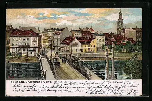 Künstler-AK Berlin-Spandau, Charlottenbrücke mit Passanten, Blick zur Kirche