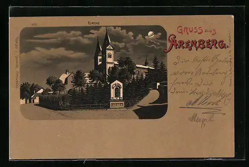 Mondschein-Lithographie Arenberg, Strassenpartie an der Kirche