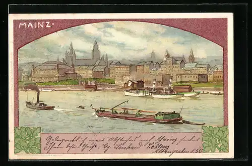 Künstler-AK Franz Hein: Mainz, Hafen mit Blick auf die Stadt