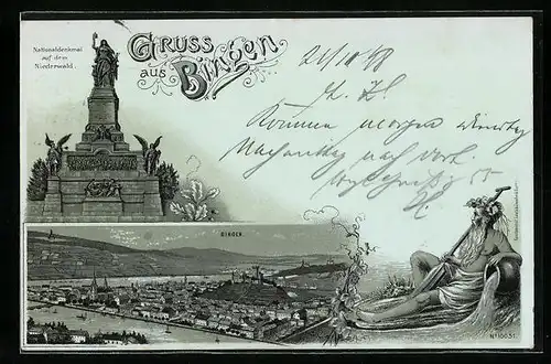 Mondschein-Lithographie Bingen, Totalansicht mit Umgebung, Nationaldenkmal auf dem Niederwald