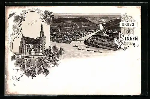 Lithographie Bingen, Teilansicht, Rochus-Kapelle