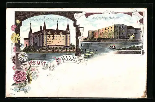 Lithographie Halle, Moritz-Burg zu Anfang des 17. Jahrhunderts, Dei Moritz-Burg im 19. Jahrhundert