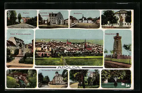 AK Apolda, Viadukt, Kaiser Friedrich-Denkmal, Bismarckturm, Herressener Promenade