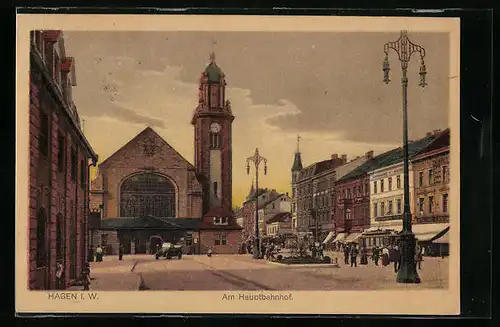 AK Hagen i. W., Am Hauptbahnhof, Automobil