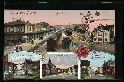 AK Bebra, Bahnhof, Casseler Strasse, Lindenplatz, Kaiserl. Postgebäude