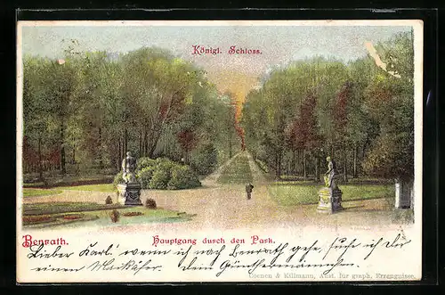 Lithographie Benrath, Königl. Schloss, Hauptgang durch den Park