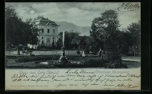 Mondschein-AK Gera, Fürstlicher Küchengarten mit Springbrunnen